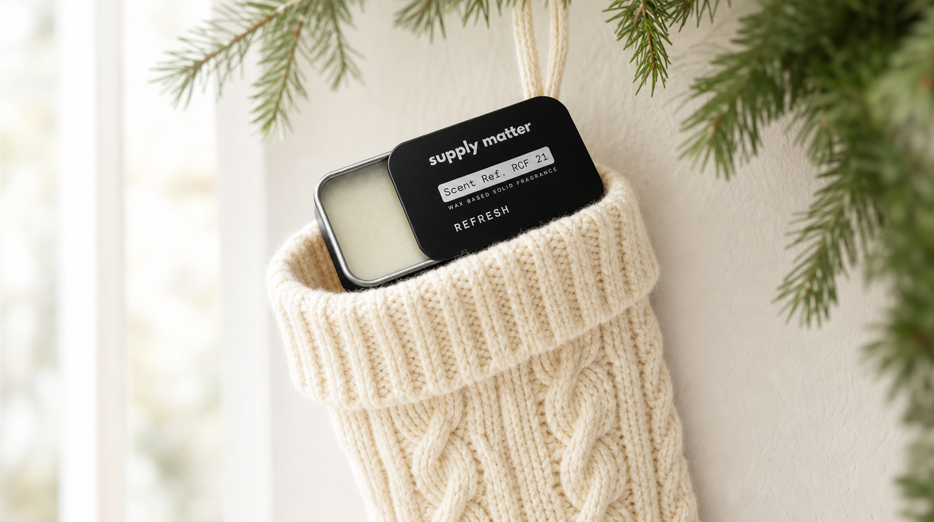 Supply Matter REFRESH solid cologne tin peeking out of a cream knit Christmas stocking
