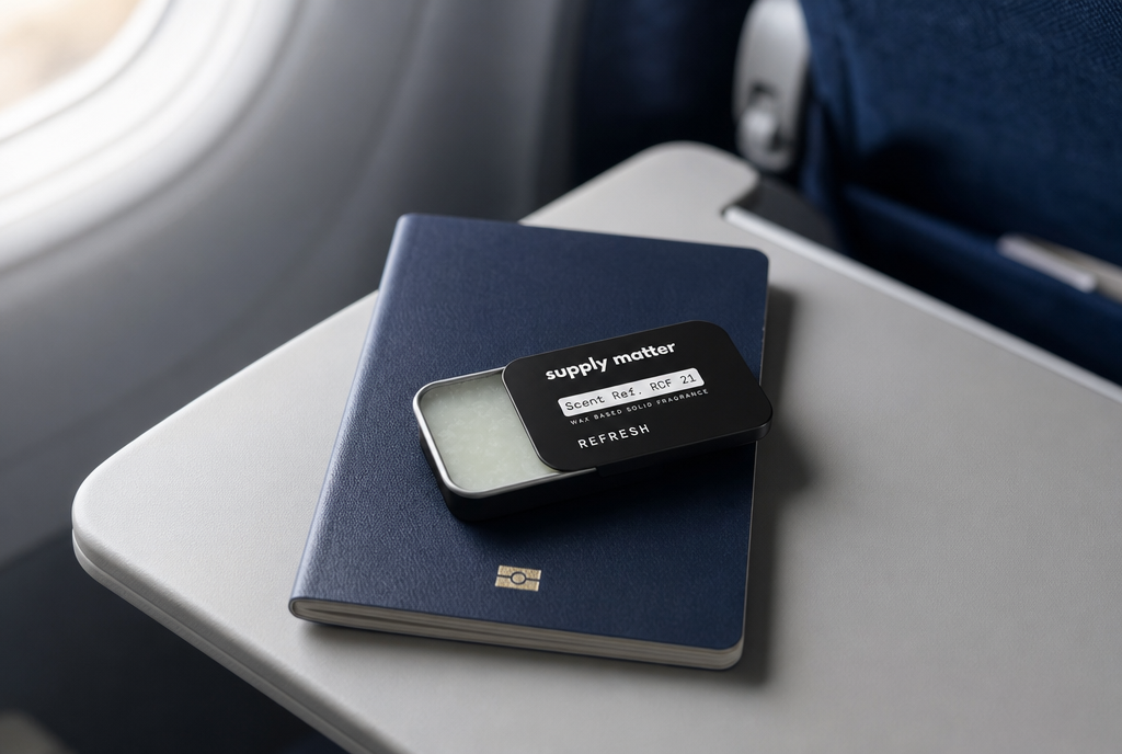 Solid cologne tin on a passport on an airplane tray table