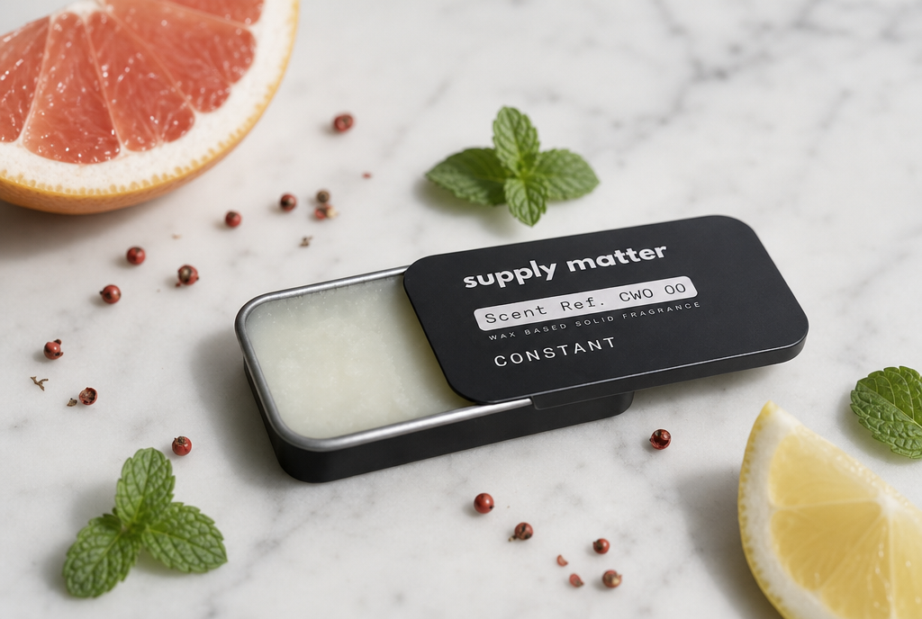 CONSTANT solid cologne tin, half open, with grapefruit, lemon, mint and pink pepper